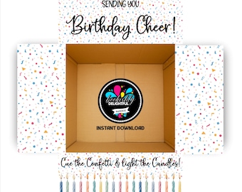 May include: A cardboard box with a birthday theme. The box is open, revealing a circular logo with the text "Delightful Paperie" and "Instant Download." The box is surrounded by confetti and the text "Sending You Birthday Cheer!" and "Cue the Confetti & light the Candles!"