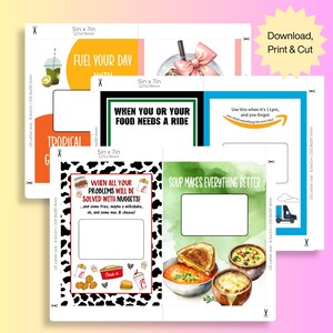 Puede incluir: Cuatro tarjetas imprimibles de 12,7 x 17,8 cm con diferentes dise&ntilde;os de tem&aacute;tica alimentaria. La primera tarjeta presenta un batido de kiwi con el texto "Fuel Your Day". La segunda tarjeta tiene un batido de fresa rosa con el texto "When you or your food needs a ride". La tercera tarjeta tiene un fondo de estampado de vaca con el texto "When all your problems will be solved with nuggets! ...and some fries, maybe a milkshake, oh, and some mac & cheese!" La cuarta tarjeta tiene un fondo verde con el texto "Soup makes everything better".