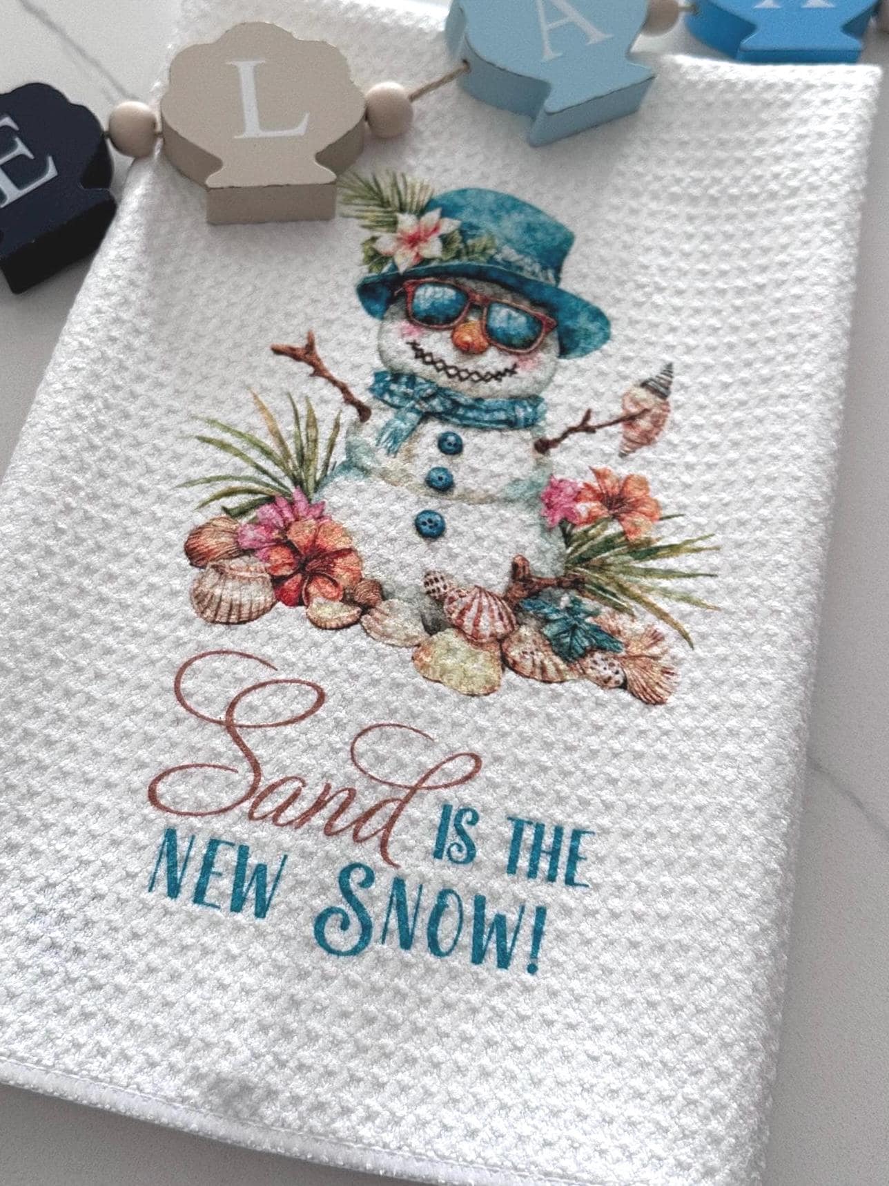 Coastal Snowman Kitchen Towel | Beachy Hand Towel | Coastal Decor Tea Towel | Beachy Snowman | Custom Towel | Hostess Gift | Gift for Her