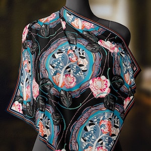 Black Floral Cameo Luxurious Square Scarf, Wrap, Boho Shawl, Made to Order, Handmade and Cruelty-Free