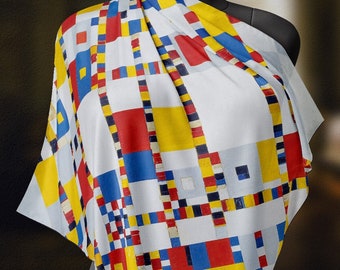 Victory Boogie Woogie by Piet Mondrian Luxurious Square Scarf, Wrap, Boho Shawl, Made to Order, Handmade and Cruelty-Free