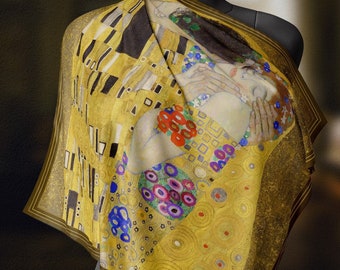 The Kiss by Gustav Klimt, Luxurious Square Scarf, Wrap, Boho Shawl, Made to Order, Handmade and Cruelty-Free
