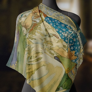 Princess Jacinta by Alphonse Mucha, Luxurious Square Scarf, Wrap, Boho Shawl, Made to Order, Handmade and Cruelty Free