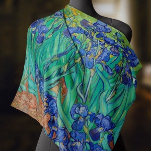 Van Gogh&#39;s Irises, Luxurious Square Scarf/Wrap/Boho Shawl, Made to Order, Handmade and Cruelty-Free