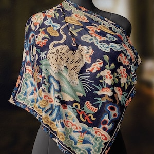 Qing Dynasty Tiger Cub Tapestry Luxurious Square Scarf, Wrap, Boho Shawl, Made to Order, Handmade and Cruelty Free