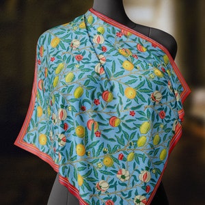 William Morris, Four Fruits Pattern in Blue, Luxurious Square Scarf/Wrap/Boho Shawl, Made to Order, Handmade and Cruelty-Free