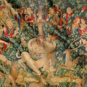 May include: A tapestry depicting a unicorn being captured by hunters in a lush forest setting. The unicorn is white with a golden horn and is surrounded by other animals, including a lion, a deer, and a dog. The hunters are dressed in medieval clothing and are holding spears and nets.