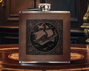 Sailing Ship, Laser Engraved 6oz Faux Leather Stainless Steel Flask, Available in Three Finishes