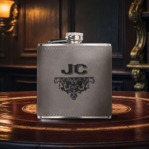 Acanthus Initial, Personalized 6oz Laser Engraved Faux Leather-Wrapped Stainless Steel Flask, Available in Three Finishes