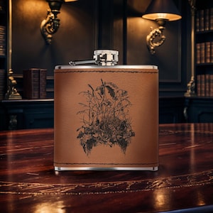 Botanical Skull, Dark Academia, 6oz Laser Engraved Faux Leather-Wrapped Stainless Steel Flask, Available in Three Finishes