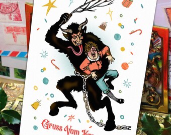 Merry Mischief, Gruss Vom Krampus, Set of Flat Double-sided Krampus Christmas Cards With White Envelopes, 5in x 7in