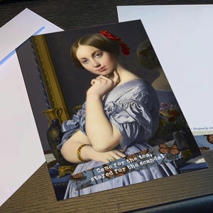 Kam für den Tee, blieb für den Skandal, lustiges alltägliches Set flacher doppelseitiger Regency-Grußkartekarten mit weißen Umschlägen, 5 in x 7 in