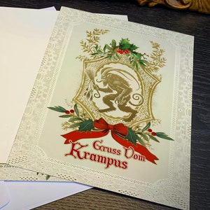 Laced With Mischief, Gruss Vom Krampus, set di biglietti di Natale piatti bifacciali con buste bianche, 5 x 7 pollici
