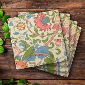 William Morris Lodden Pattern, Drink Coasters, Made from Stone with a Cork Backing, Set of 4