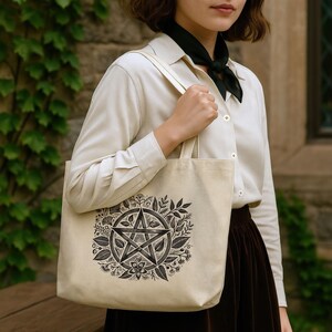 Pentagram, Green Witch, Gusseted Natural Cotton Sustainable Tote Bag, Perfect for Books and More, 18in x 15in