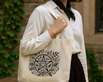Bolsa de tela sostenible de algodón natural con fuelle, con diseño de pentagrama y bruja verde, ideal para libros y más, 45 x 38 cm