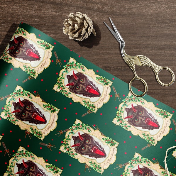 Krampus Portrait (Dark Green), Luxurious Heavyweight Premium Gift Wrap Paper for the Holidays, Excellent for Decoupage, Crafts and Collage