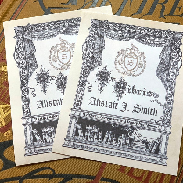 Theatrical Curtain, Personalized and Monogrammed Ex-Libris Bookplates, Crafted on Traditional Gummed Paper, 3in x 4in, Set of 30