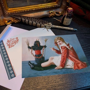 Bambina con bambola Krampus, Gruss Vom Krampus, set di cartoline di Natale piatte raccapriccianti da 5 x 7 pollici con buste bianche, 10 carte/buste