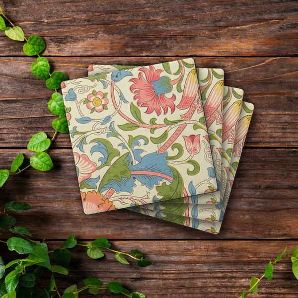 William Morris Lodden Pattern, Drink Coasters, Made from Stone with a Cork Backing, Set of 4