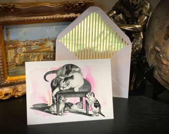 Cat Mamma, Mother's Day Greeting Card with Elegant Striped Gold Foil Envelope, 1 Card/Envelope