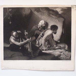 May include: A black and white print of a historical scene depicting three men in a cave. One man is holding a crossbow, another is holding a sword, and the third is looking on. The print is titled "The Departure of the Pilgrims" and is dated 1817.