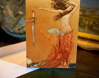 Arthur le entrega Excalibur a la dama del lago, William Russell Flint, tarjetas de felicitación de cuento de hadas, con sobres blancos, 5 x 7 pulgadas