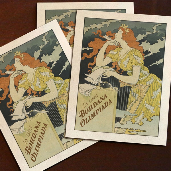 The Poetess, Personalized Art Deco Ex-Libris Bookplates, Crafted on Traditional Gummed Paper, 4in x 3in, Set of 30