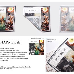 May include: A white satin fabric swatch with a collage of images printed on it. The images are of a woman in a tropical setting, a palm tree, and a geometric pattern. The fabric is labelled "EBON NOIR" and "SATIN CHARMEUSE".