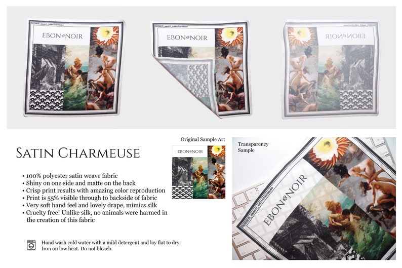 May include: A white satin fabric swatch with a collage of images printed on it. The images are of a woman in a tropical setting, a palm tree, and a geometric pattern. The fabric is labelled "EBON NOIR" and "SATIN CHARMEUSE".