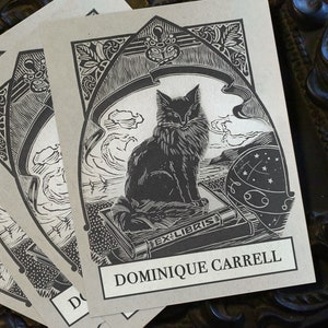 ミステリアスな黒猫、パーソナライズされたダークアカデミア Ex-Libris ブックプレート、伝統的な糊付き紙で作られ、3 インチ x 4 インチ、30 個セット