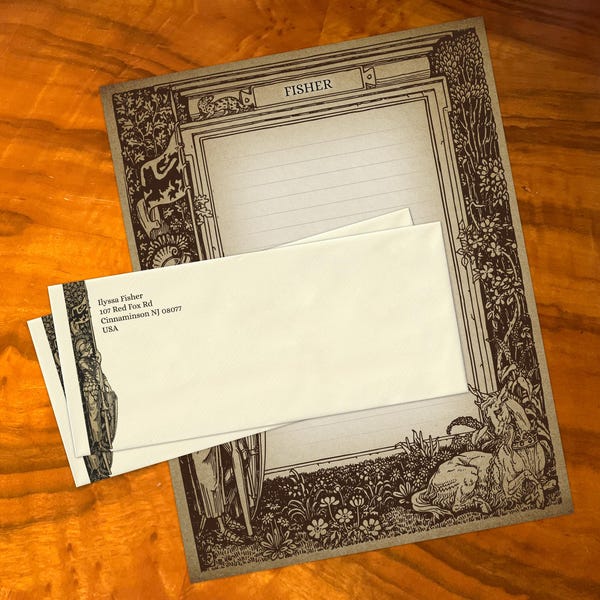 Maiden and Unicorn, luxe handgemaakte gotische briefpapierset voor het schrijven van brieven, gepersonaliseerd, 12 vellen/10 enveloppen