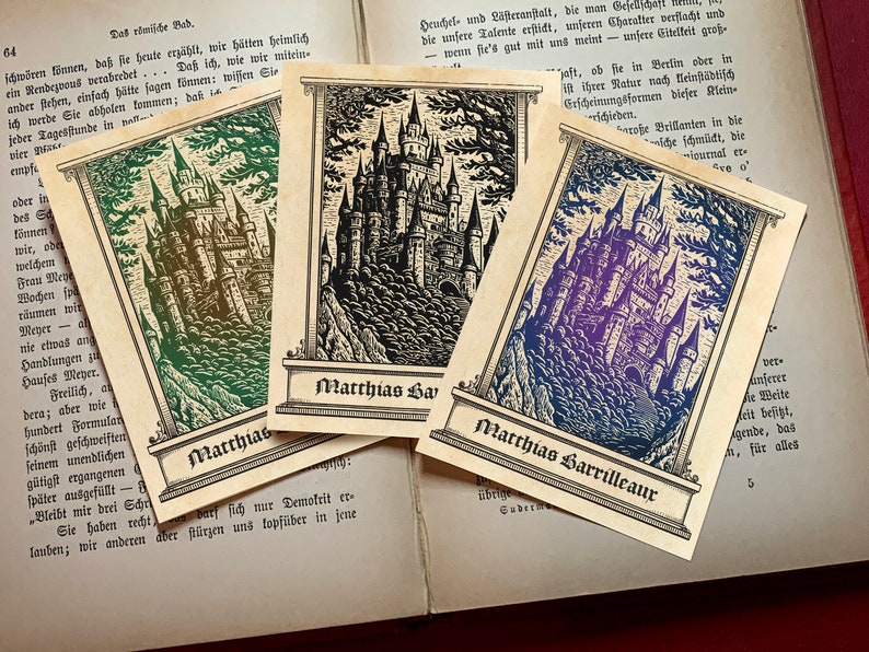 Fantasy Castle, Personalized Ex-Libris Bookplates, Crafted on Traditional Gummed Paper, 3in x 4in, Set of 30 image 2