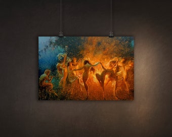 Nude Nymphs Dancing to Pan's Flute Around the Fire by Joseph Tomanek, Premium Paper Poster, Available in Multiple Sizes