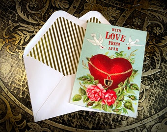 Victorian Valentine's Day Greeting Card, Love From Afar, for Friends and Family, with Elegant Gold Foil Envelope