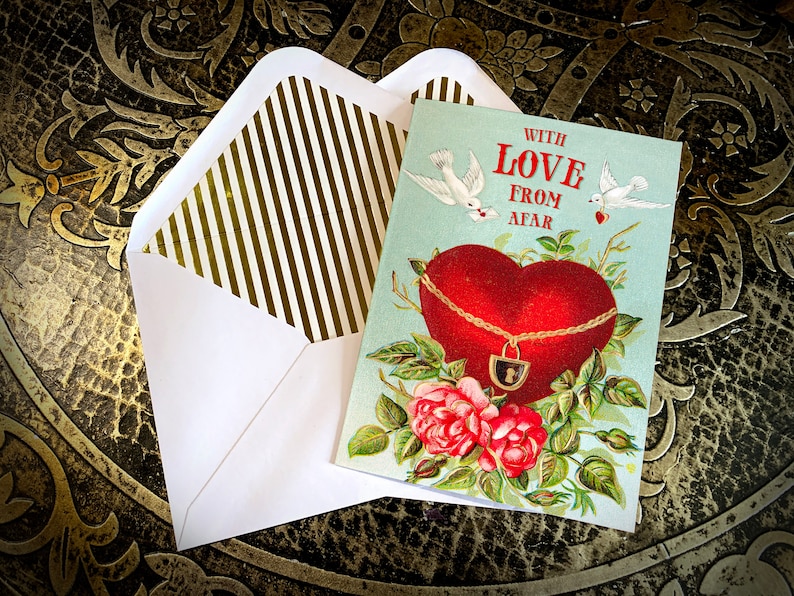 Victorian Valentine's Day Greeting Card, Love From Afar, for Friends and Family, with Elegant Gold Foil Envelope image 1