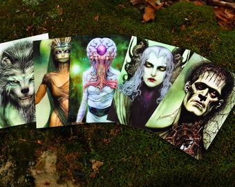 Classic Movie Monsters, Illustrated Halloween Postcards for Horror Buffs, Set of 12 Original Designs