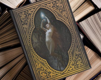May include: A black book cover with a gold ornate frame. The frame surrounds a painting of a woman with long red hair standing in a forest. She is holding a glowing orb in her hand.