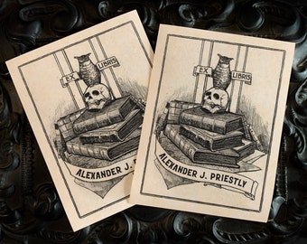 Owl, Skull, and Books, Personalized Gothic Ex-Libris Bookplates, Crafted on Traditional Gummed Paper, 3in x 4in, Set of 30