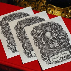 Octopus, Personalized Ex-Libris Bookplates, Crafted on Traditional Gummed Paper, 3in x 4in, Set of 30