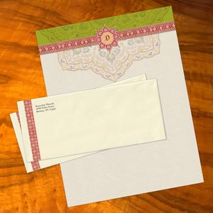 Floral Sari Stripe, lujoso juego de papelería hecho a mano para escribir cartas, personalizado, 12 hojas/10 sobres