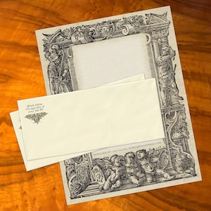 Trío de querubines medievales, lujoso juego de papelería artesanal para escribir cartas, personalizado, 12 hojas/10 sobres