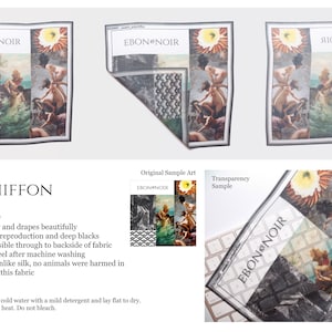 May include: A white square scarf with a black border and the text "EBON NOIR" printed in black. The scarf features a collage of images, including a woman in a flowing dress, a flower, and a landscape. The scarf is made of 100% polyester and is described as "polychiffon".