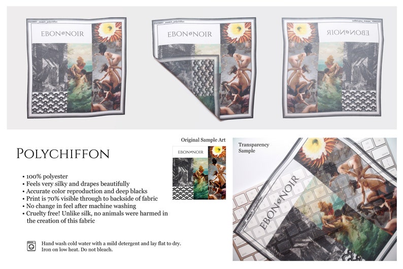 May include: A white square scarf with a black border and the text "EBON NOIR" printed in black. The scarf features a collage of images, including a woman in a flowing dress, a flower, and a landscape. The scarf is made of 100% polyester and is described as "polychiffon".