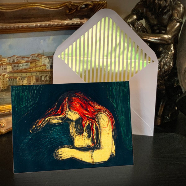 The Vampire II, or Love and Pain, by Edvard Munch, Gothic Greeting Card with Elegant Striped Gold Foil Envelope, 1 Card/Envelope