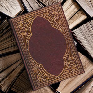 May include: A vintage, dark red book cover with a gold ornate design. The cover has a raised, rectangular frame with a decorative pattern of leaves and swirls. The book is surrounded by other books.