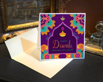 Diwali, Festival of Lights, 5.25in Square Greeting Cards, With Beige Envelopes, 3 Designs