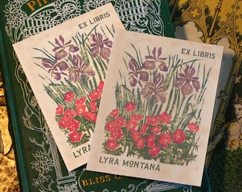 Summer Irises, Personalized Ex-Libris Bookplates, Crafted on Traditional Gummed Paper, 4in x 3in, Set of 30