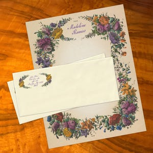 Lujoso juego de papelería artesanal para escribir cartas, diseño pastoral morado, personalizado, 12 hojas/10 sobres
