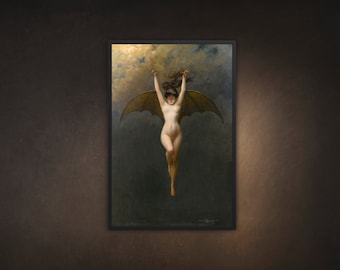 May include: A framed artwork depicts a nude figure with bat-like wings, soaring against a dark, cloudy sky. The figure's arms are raised, and the overall aesthetic is reminiscent of classical art, with a focus on form and movement.